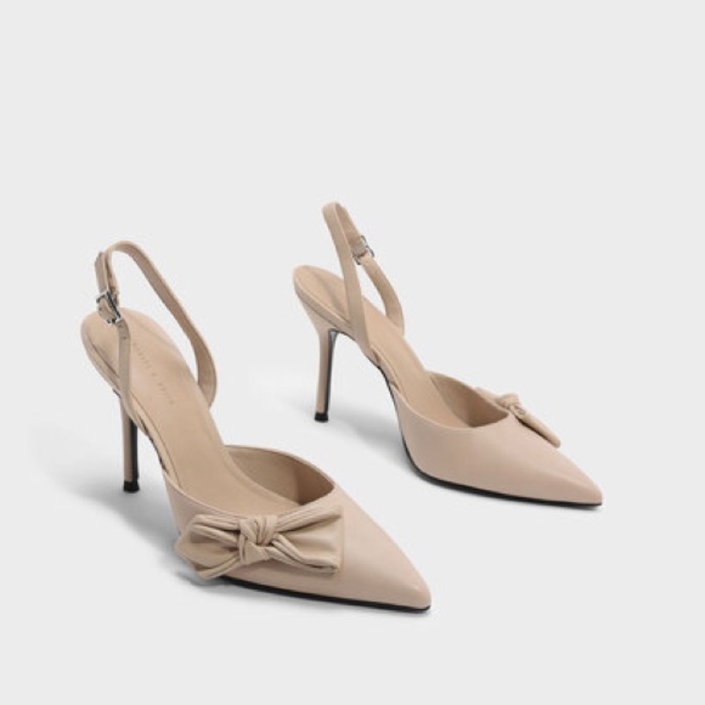 Charles Keith nude sling back heels with bow